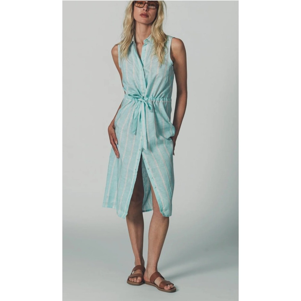 The Shirt Rochelle Behrens 100% Linen Mint Green Stripe Sleeveless Dress Size M